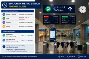 BurJuman Metro Station timing guide showing Red Line and Green Line operational hours and schedule details by KhaleejFusion