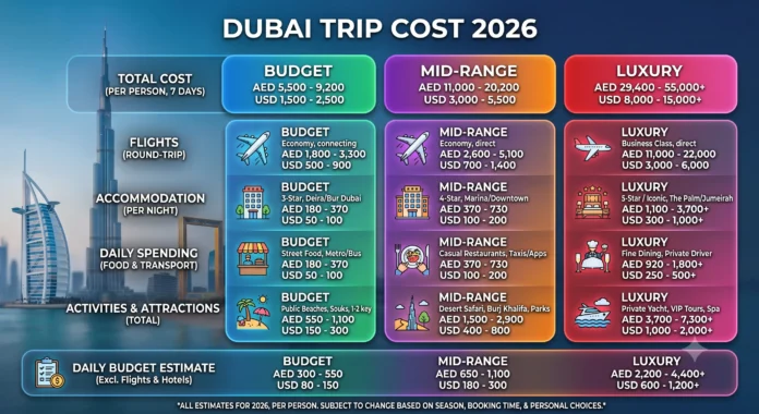 2026 Dubai trip cost infographic comparing 7-day Budget, Mid-Range, and Luxury expenses for flights, lodging, meals, and attractions, KhaleejFusion