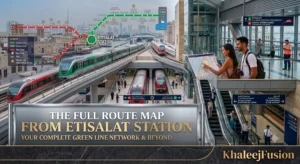 Complete Dubai Metro Green Line network and Red Line route map from Etisalat Station.