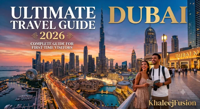 Ultimate Dubai Travel Guide 2026 header image for first-time visitors featuring the skyline, Burj Khalifa at sunset, and KhaleejFusion image