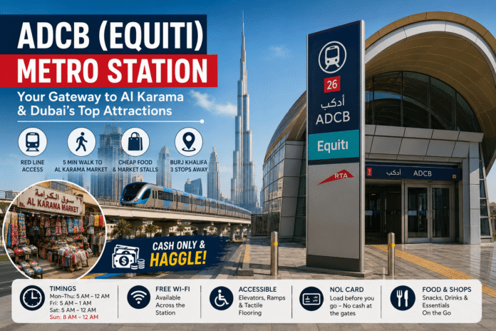 ADCB (Equiti) Metro Station in Dubai with Al Karama Market and Dubai Metro Red Line,KhaleejFusion