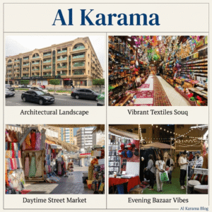 Four-panel photo collage titled 'Al Karama' showcasing the architectural landscape, vibrant textiles souq, daytime street market, and evening bazaar vibes in Dubai, KhaleejFusion