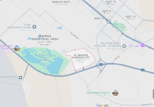 Location map of Al Mafraq Industrial Area and surrounding neighborhoods in Abu Dhabi, KhaleejFusion