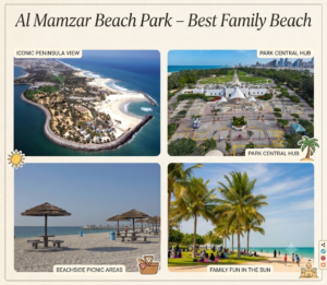 Lush green park lawns opening onto a calm, sandy lagoon beach at Al Mamzar Beach Park,KhaleejFusion