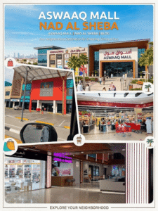Collage of Aswaaq Mall Nad Al Sheba exterior entrances, supermarket area, and indoor shopping corridor, KhaleejFusion