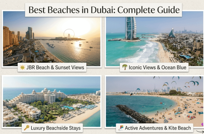 A sunny coastline featuring pristine white sand and turquoise water at a Dubai beaches, KhaleejFusion