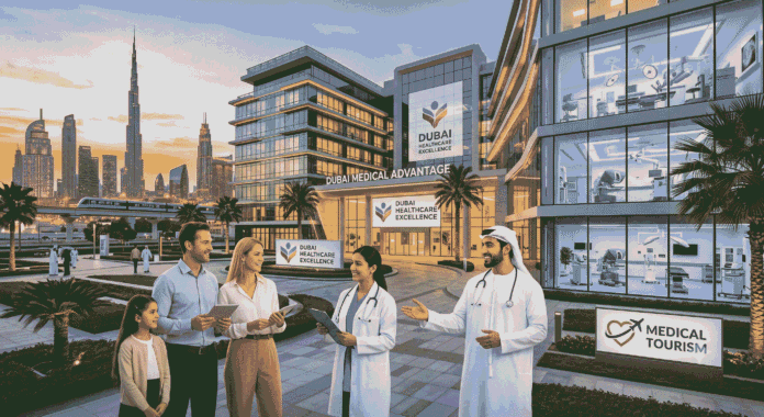 A header banner showing a modern hospital in Dubai and medical staff with text reading 'Best Hospitals In Dubai, Your Ultimate Healthcare Guide', KhaleejFusion