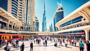 Crowded outdoor transit plaza near Burj Khalifa with metro trains and futuristic walkways, KhaleejFusion