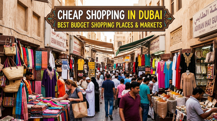 Graphic banner reading 'Cheap Shopping in Dubai: Best Budget Shopping Places & Markets' with icons of shopping bags, discount tags, and traditional lanterns, KhaleejFusion