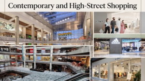 High-street retail stores, Paul bakery cafe, and spacious indoor shopping atrium, KhaleejFusion