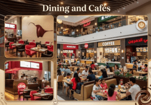 Collage of mall dining area featuring Dip cafe and the main food court seating, KhaleejFusion