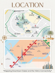 Two-panel graphic titled 'Location' showing Downtown Dubai landmarks map and Dubai Metro Red Line route map, KhaleejFusion