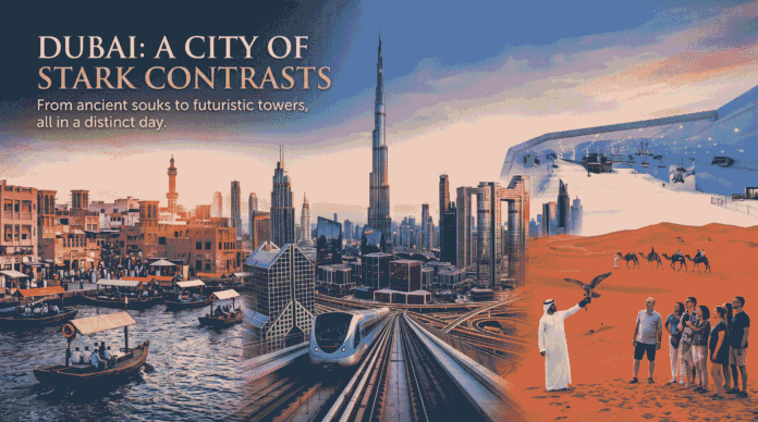 A montage of Dubai featuring historic creek wooden boats, modern skyscrapers with the metro, Ski Dubai, and a desert falconry demonstration.KhaleejFusion