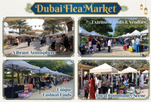 Four-panel photo collage titled 'Dubai Flea Market' showing outdoor vendor stalls, crowds shopping in a sunny park, second-hand clothing racks, and community marketplace vibes, KhaleejFusion