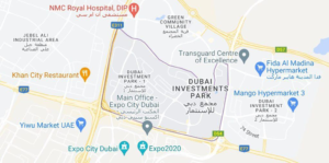 Location map of Junction Mall near Dubai Investments Park and surrounding areas in Dubai, KhaleejFusion