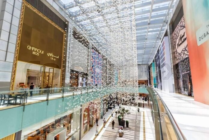 Graphic header titled 'Dubai Mall Guide 2026: Top Attractions, Shopping & Insider Tips' with icons of shopping bags, aquariums, and Burj Khalifa, KhaleejFusion