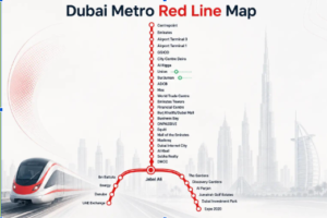 Infographic map of the Dubai Metro Red Line route showing all stations from Centrepoint to UAE Exchange and Expo, KhaleejFusion