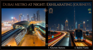 Two-panel graphic 'Dubai Metro at Night' showing an illuminated futuristic station and a train running along skyline tracks, KhaleejFusion
