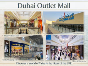 Four-panel photo collage titled 'Dubai Outlet Mall' displaying the mall exterior entrance, bustling indoor retail corridors, and discount storefronts, KhaleejFusion