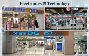 hree-panel graphic 'Electronics & Technology' showing Sharaf DG and Emax store entrances inside a Mafraq shopping mall, KhaleejFusion