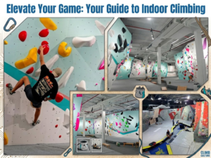 Indoor bouldering gym collage featuring a climber on an artificial wall and wide gym views, KhaleejFusion