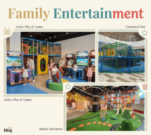 Family entertainment collage showing arcade games, indoor ball pit play structure, and adventure playground, KhaleejFusion