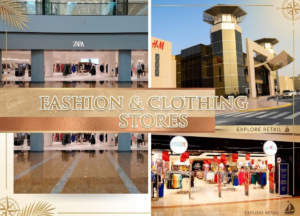 Collage of fashion and clothing brand stores including Zara, H&M, and Max, KhaleejFusion