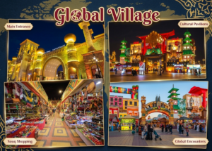 Four-panel photo collage titled 'Global Village' displaying the illuminated main entrance gate, international cultural pavilions, indoor souq shopping aisles, and bustling visitor walkways at dusk in Dubai, KhaleejFusion