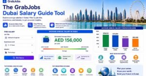 A digital interface of the GrabJobs Salary Guide tool displaying compensation ranges and pay averages across Dubai industries, KhaeelFusion