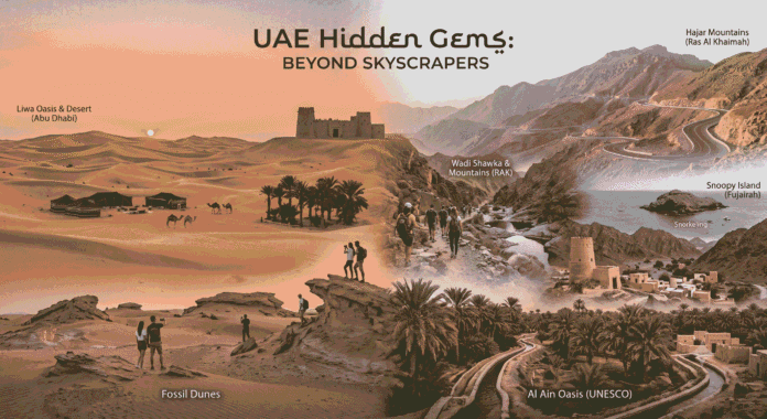 Header image displaying UAE hidden gems and natural attractions with text 'Hidden Places in the UAE: Secret Gems Most Tourists Miss in 2026