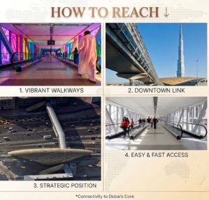 Four-panel graphic 'How to Reach' showing Dubai Mall Metro Link walkways, exterior footbridge, aerial station view, and travelators, KhaleejFusion