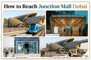 Guide collage showing Dubai Metro Red Line access and taxi route to Junction Mall Dubai via DIP 1 Metro Station, KhaleejFusion
