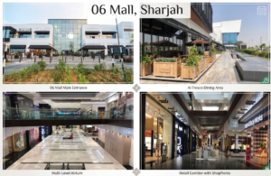 Four-panel graphic titled '06 Mall, Sharjah' showing main entrance, al fresco dining area, multi-level atrium, and retail corridor, KhaleejFusion