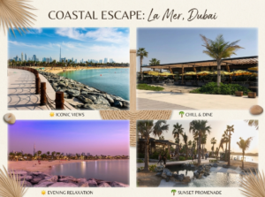 Colorful beach shacks, trendy murals, and turquoise waters along the sandy shoreline at La Mer Dubai, KhaleejFusion