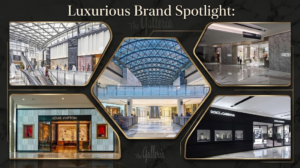 Collage of luxury designer storefronts and atrium architecture at The Galleria Al Maryah Island, KhaleejFusion