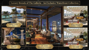 Daytime and evening waterfront terrace seating at The Galleria luxury restaurants, KhaleejFusion