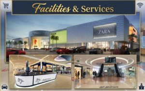 Collage showing Mafraq Mall exterior, customer assistance desk, and indoor escalators, KhaleejFusions