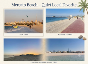 A peaceful, uncrowded stretch of soft sandy shoreline at Mercato Beach with gentle ocean waves,KhaleejFusion