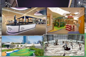 Modern mall facilities including an information desk, indoor play zone, outdoor park, and main atrium, KhaleejFusion