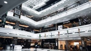 Spacious multi-level shopping mall interior with retail brand stores, KhaleejFusion