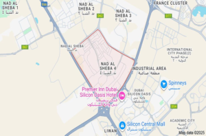 Location map of Nad Al Sheba 4 and surrounding Dubai neighborhoods, KhaleejFusion