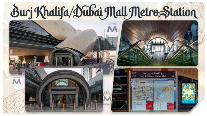 Exterior view of the futuristic Burj Khalifa/Dubai Mall Metro Station showing passenger pedestrian walkways connecting to downtown Dubai, KhaleejFusion