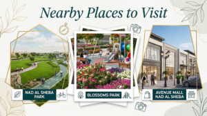 Collage of nearby attractions including Nad Al Sheba Park, Blossoms Park, and Avenue Mall, KhaleejFusion