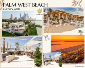 Upscale beach club loungers and swaying palm trees along the pristine shoreline of Palm West Beach.KhaleejFusion