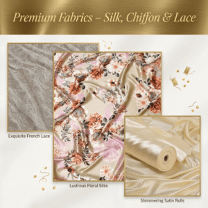 Collage of premium dressmaking fabrics including French lace, floral silk, and ivory satin, KhaleejFusion