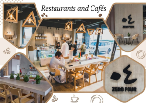 Collage of Zero Four specialty coffee shop interior, seating, and logo, KhaleejFusion