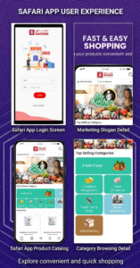 Screenshots of the Safari mobile app displaying the login interface, kitchen festival promotional banners, product catalog, and category browsing menus, KhaleejFusion