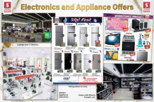 Promotional banner showcasing Safari Hypermarket's electronics deals, featuring laptops, home appliances, refrigerators on sale, and brand aisles for Hitachi and Sonashi, KhaleejFusion