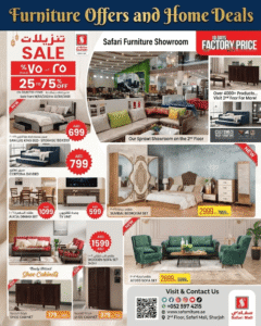 Promotional flyer showcasing Safari Mall Sharjah's 2nd-floor furniture showroom discounts on bedroom sets, sofas, dining tables, daybeds, and shoe cabinets, KhaleejFusion