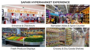 Interior views of Safari Hypermarket featuring the entrance checkouts, festive shopping aisles, fresh produce displays, and fully stocked grocery shelves, KhaleejFusion